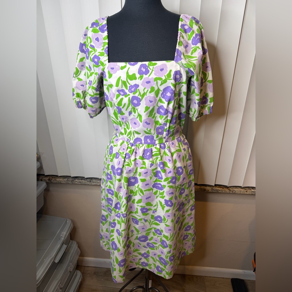 The Vested Gentress Vintage Floral Violet Green Square Neck Dress Size 6